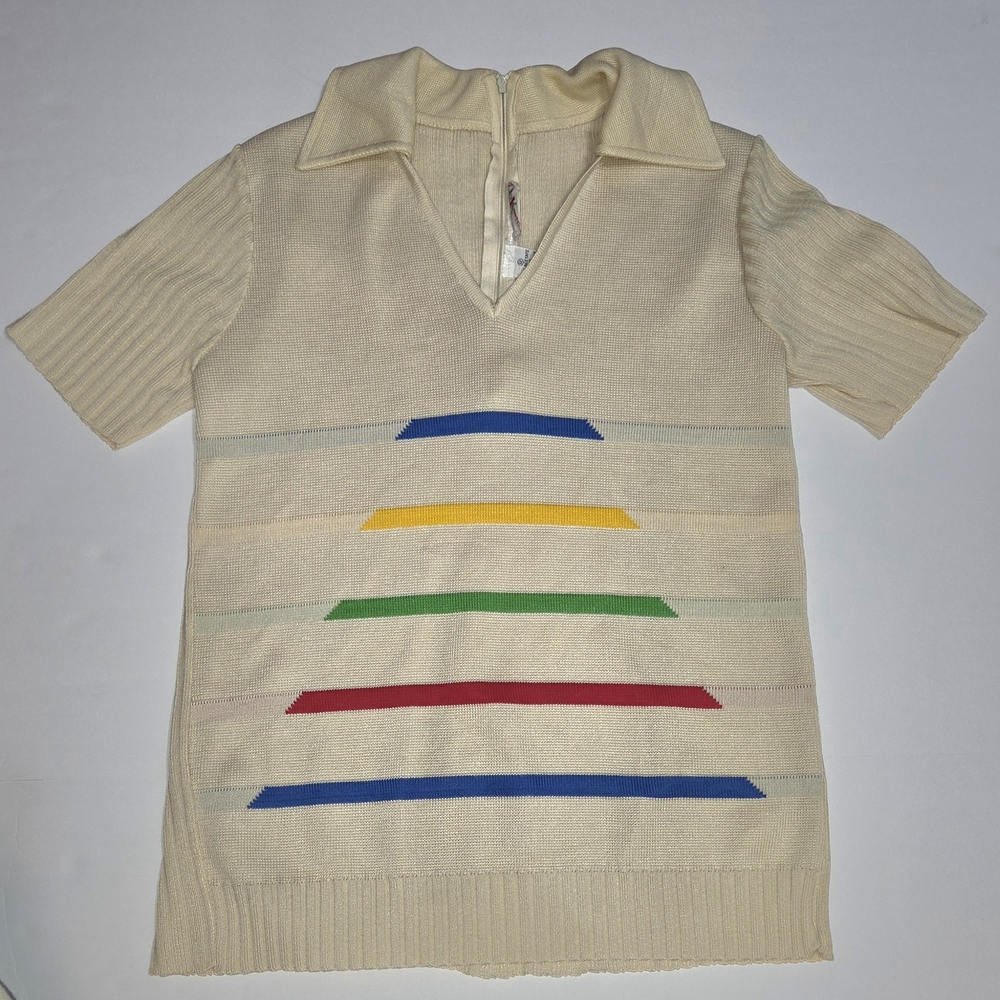Cream Short Sleeve Top with Multicolor Stripes